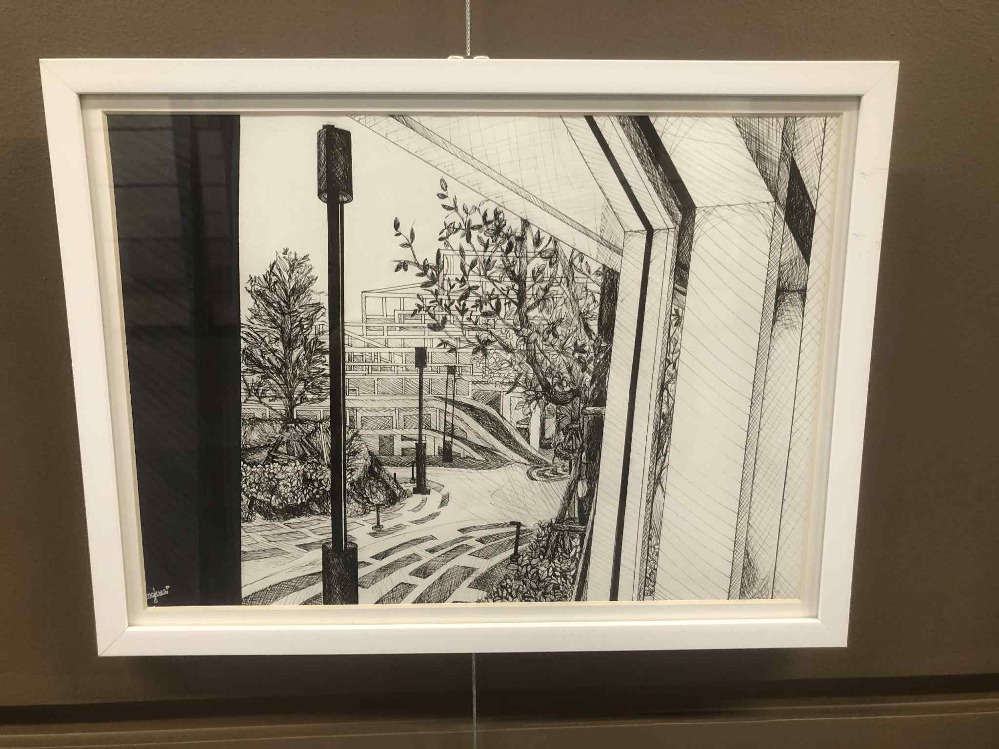 Framed Grade 8 perspective drawing and line work