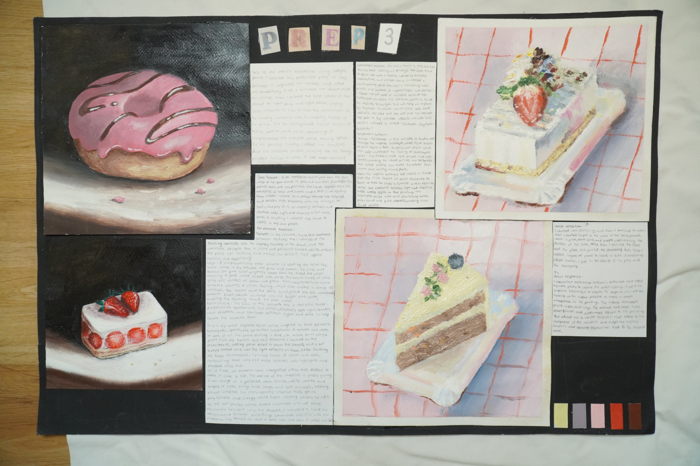 Student Cambridge IGCSE Art and Design development board with painting studies and analysis