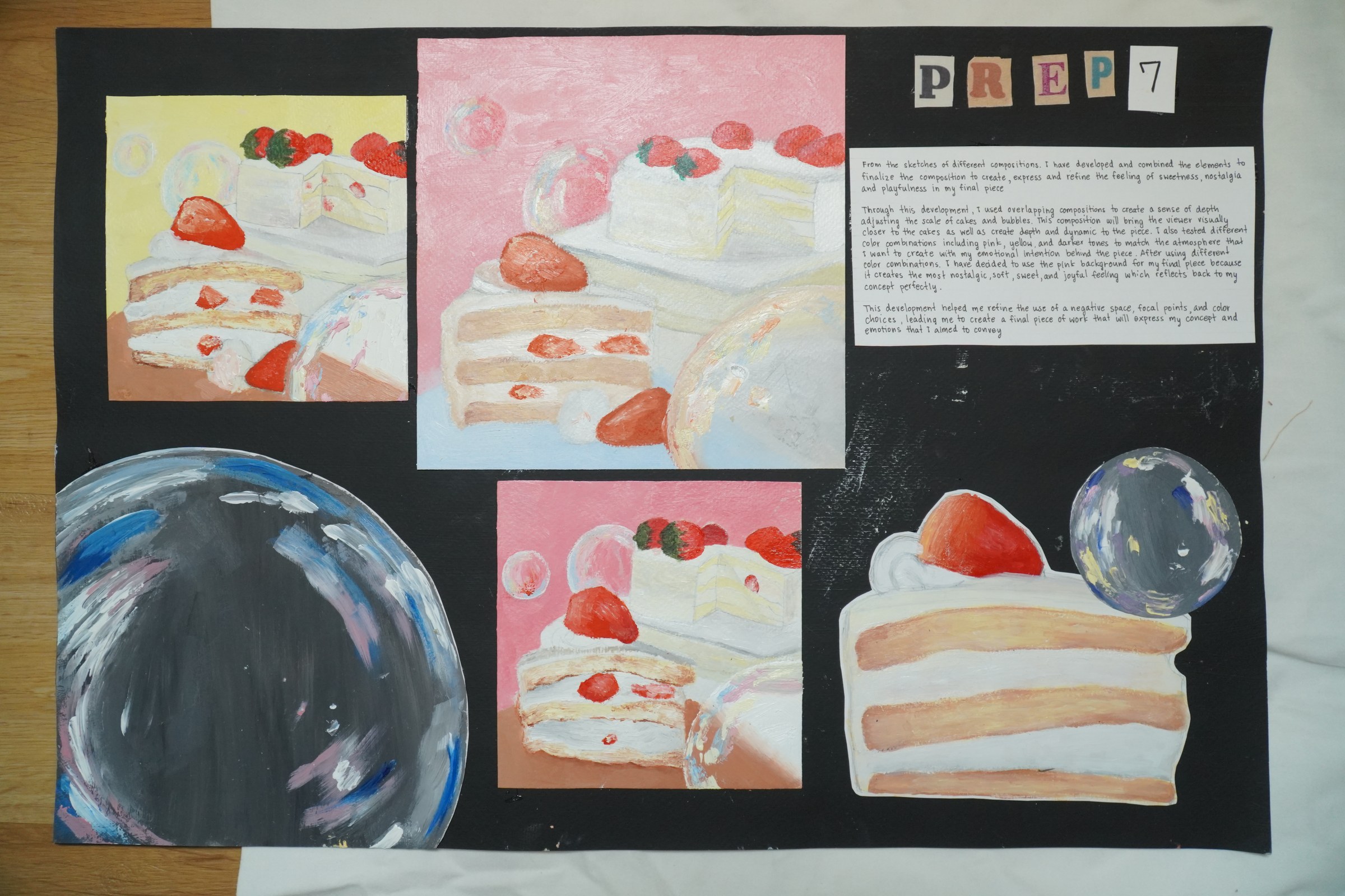 Student Cambridge IGCSE Art and Design refinement board with composition studies